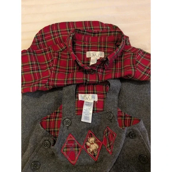 The Childrens Place Baby Boy Red Plaid Shirt  Grey Teddy Bear Overalls Set 0-3M - Picture 3 of 3